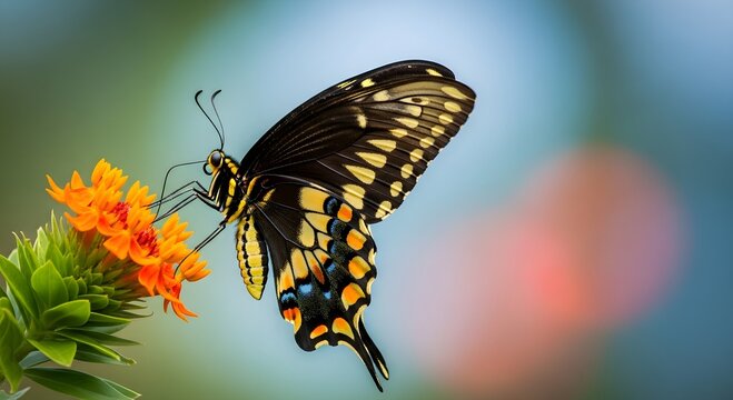 Vibrant Swallowtail Butterfly perched on bright orange flowers with a soft bokeh background ideal for nature conservation articles and perfect for environmental educational materials.