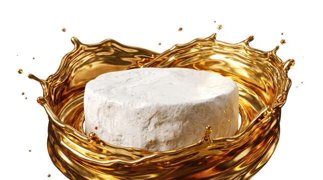 3D White Limestone Pedestal with Dynamic Liquid Gold Splash Isolated on White