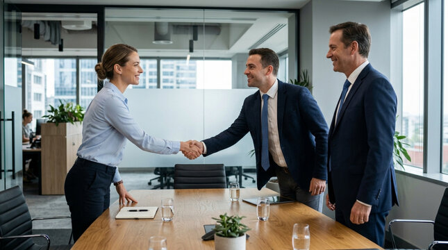 Business handshake in modern office meeting room