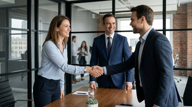 Business handshake in modern office meeting room