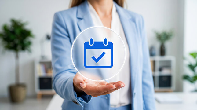 Appointment confirmation on a blue calendar with a checkmark for planned events and booking reminders, approved days off and vacation requests that keep every due date on track