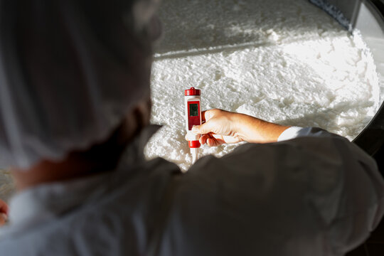 Cheesemaker use pH meter to test curd acidity