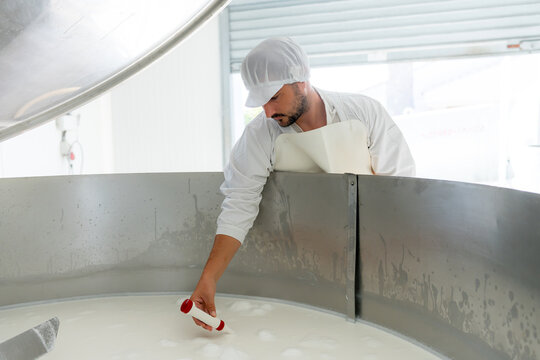 Dairy worker measure pH in industrial milk processing tank