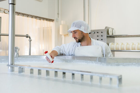 Cheesemaker measure pH in artisanal cheese production