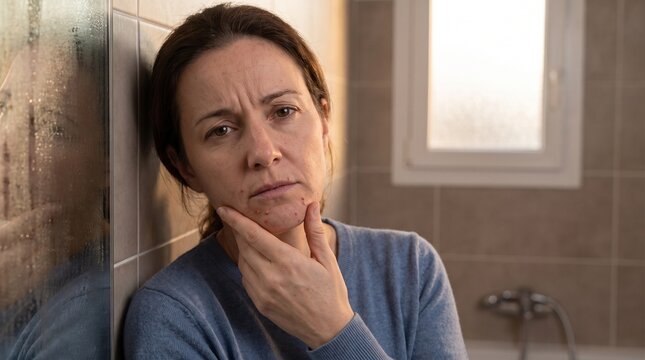 Hormonal health, menopause, mature woman concerned about skin
