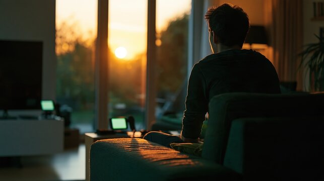 Person surrounded by glowing screens in living room ignoring daylight outside
