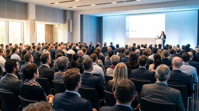 Business conference with speaker and audience in auditorium, presentation on screen