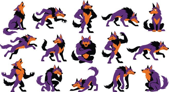 Werewolf Character Actions Set Halloween Flat Vector Illustration Mascot Poses Stock Asset