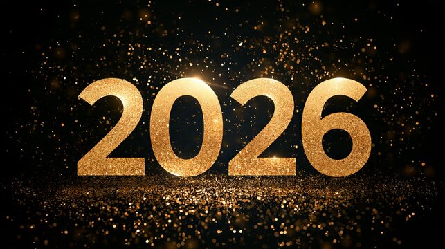 Glistening golden numbers representing the year 2026 emerge against a dark backdrop, signifying new beginnings and future celebrations