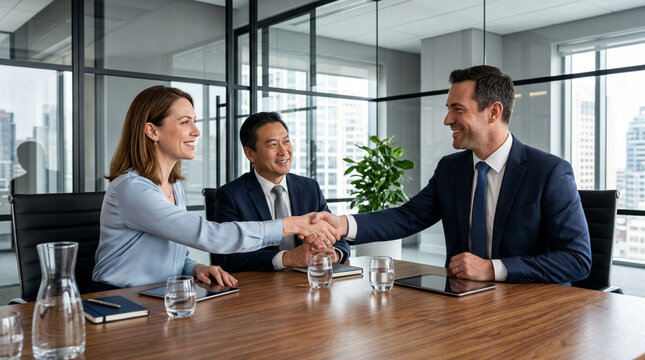 Business handshake agreement in modern office meeting, successful partnership concept
