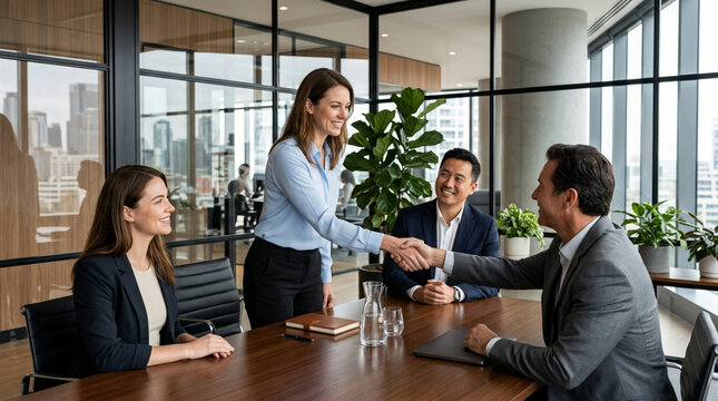 Business handshake agreement in modern office meeting