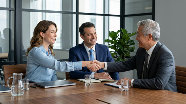 Business handshake agreement, colleagues meeting in modern office, successful deal.