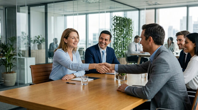 Business handshake: Colleagues meeting in modern office, agreement, success