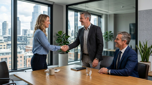Business Handshake Deal - Meeting in Modern Office with City View