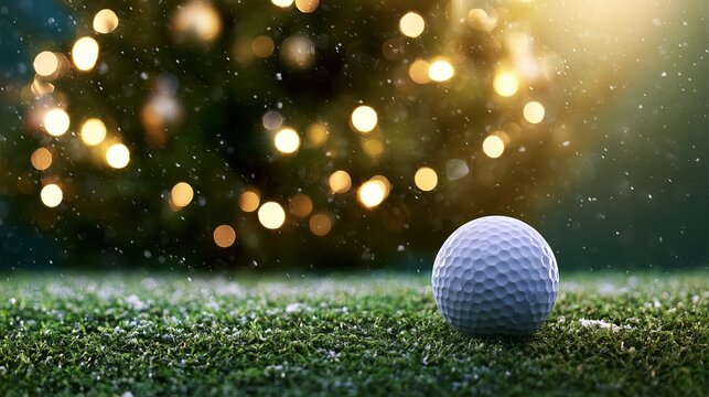 Golf ball sits prominently on green grass with bokeh lights creating a festive, magical, golden, celebratory, and sparkling background