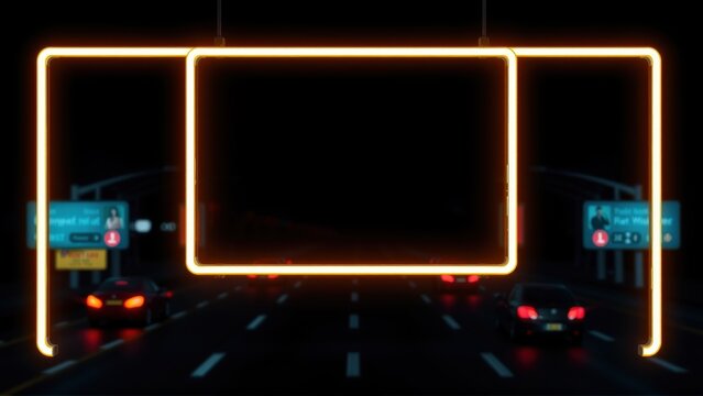 Highway scene. Bright orange billboard dominates view. Cars travel along dark road. Nighttime setting, glowing lights visible.