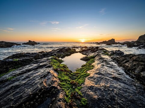 Rocky seashore at sunset with a V-shaped green algae line leading to the sea. Dark wet rock forms converge toward a small tidal pool reflecting the golden horizon, with distant rocks and a deep blue