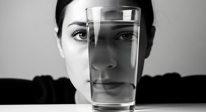 Artistic Portrait of a woman's face distorted through a glass of water in black and white, ideal for conceptual psychology articles and mental health awareness.