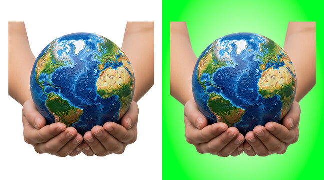 Pair of human hands cupping a detailed globe of the earth isolated on a white background