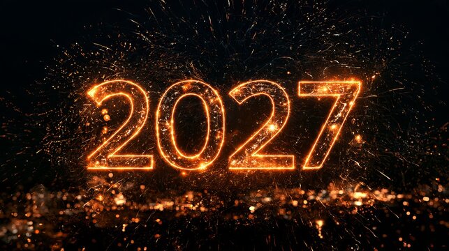 Glowing embers form the number 2027 against a dark background, representing a hopeful new year and future possibilities