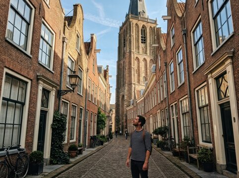 Narrow Dutch-style street with brick church tower and a man looking up, European town scene. Tall old brick houses line a quiet street under a blue sky with a medieval tower rising in the distance,