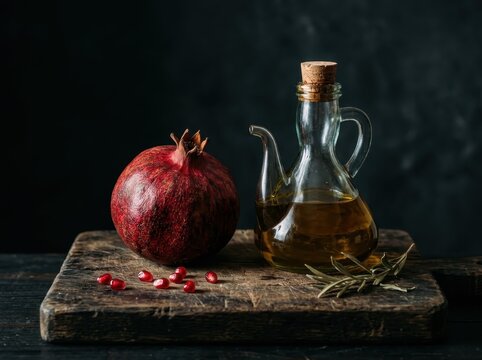 Pomegranate and glass oil bottle on a dark wooden board, moody food still life. A deep red fruit sits beside a cork-stoppered carafe on a rustic cutting board against a black background. Soft side