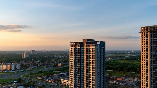 Modern high - rise buildings and unfinished tower above developing urban district at sunset