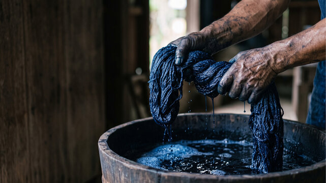 Hands Wringing Wet Cotton Yarn Dipped in Natural Blue Indigo Dye