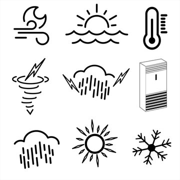 Weather vector pack featuring blowing wind, tornado, bright sunshine, rainfall, air conditioning, and snowfall icons for climate, forecasts, and seasonal designs.