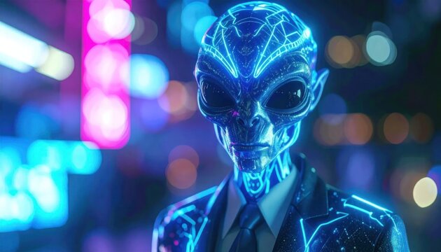 Glowing blue alien in neon city.