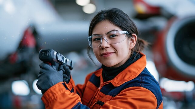 Female aircraft technician scanning passenger jet fuselage with handheld device