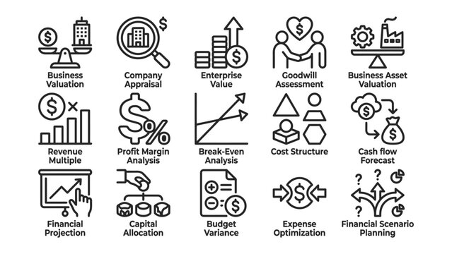 Business Finance Icons: A collection of flat vector icons representing various business finance concepts, including valuation, appraisal, enterprise value, and cash flow.