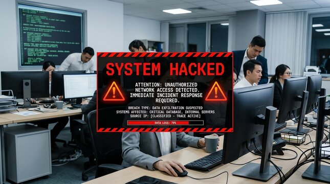 Office workers facing system hacked warning on computer screens