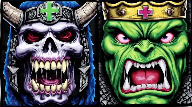 Detailed Illustration of a Fantasy Skeleton Warrior and a Grumpy Green Orc Creature with Crowns and Armor, Vibrant Comic Book Style Art with Intense Expressions and Bold Colors