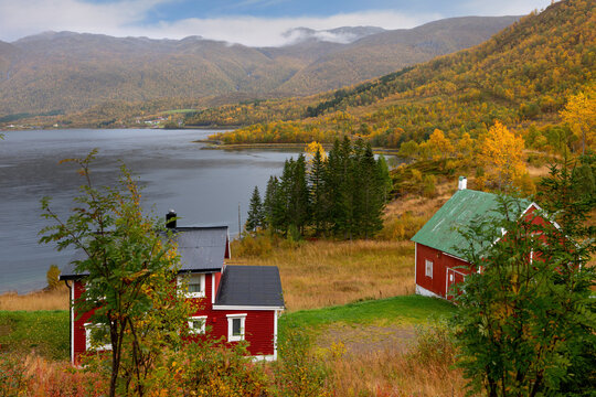 Scenic autumn landscape near the E10 road in the Lofoten Islands, Norway