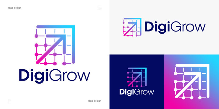 digital grow simple logo design, digital technology data connections, upward business arrow growth concept, cyber network vector icon.