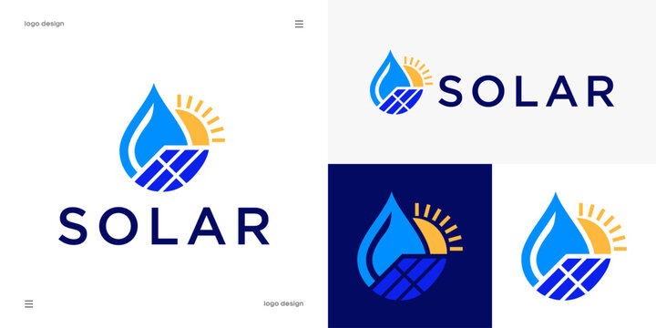 solar logo design, renewable green energy, eco-friendly power, sun and water drop with solar panel concept, vector icon.