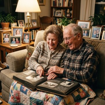 Grandparents Sharing a Photo Album on a Cozy Living Room Sofa with Family Memories