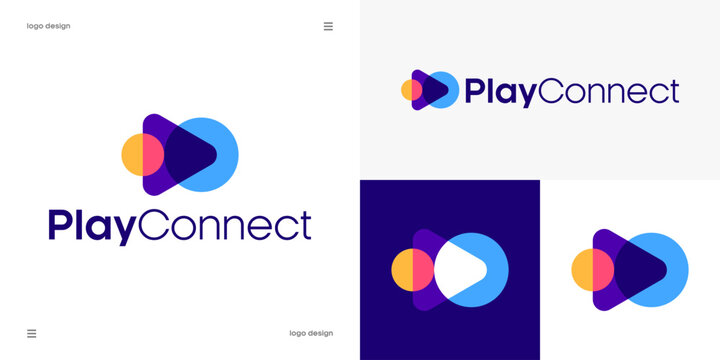 play connect logo design, multimedia streaming service, interactive game connections, video player and networking concept, dynamic vector.