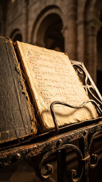 Open Vintage Holy Book Displayed On Ornate Iron Lectern