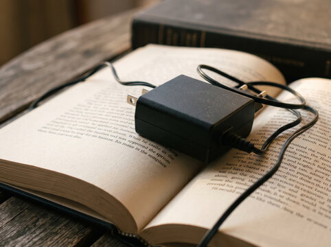 Electronic Power Adapter Supply Lying On Open Book