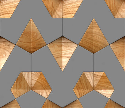 Geometric wood and gray 3D panel seamless wallpaper pattern