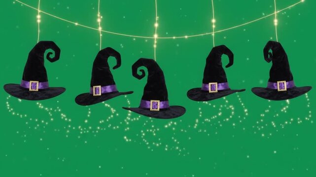 Witch hats swaying garland border frame 4k green screen for halloween.