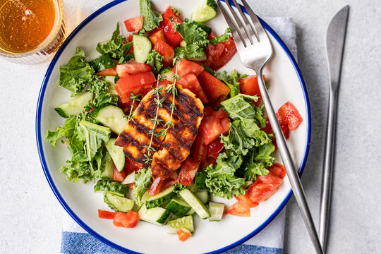Greek halloumi salad with thyme and beer