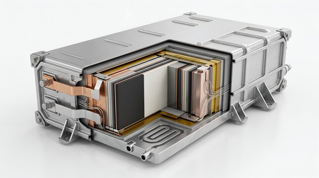 Cutaway view of a modern electric vehicle lithium ion battery pack showing internal cell structure and cooling channels