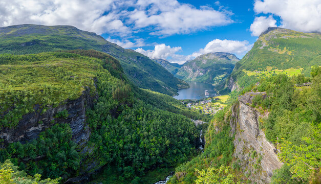 Geirangerfjord valley landscape with cruise ship in Norway