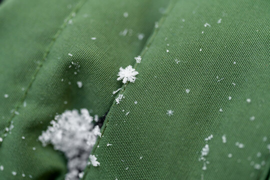 Macro view of green woven textile with frost crystals