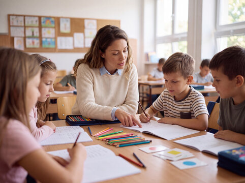 Teacher help child with worksheet in primary classroom