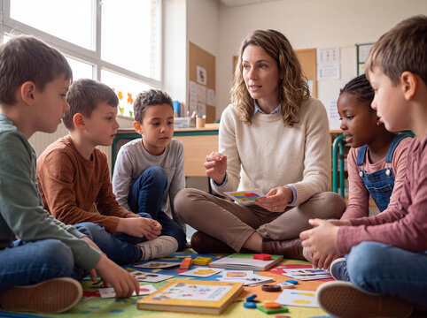 Teacher lead educational game with children in classroom