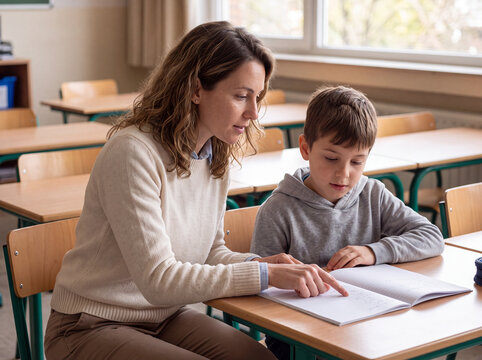 Teacher help pupil with workbook in classroom